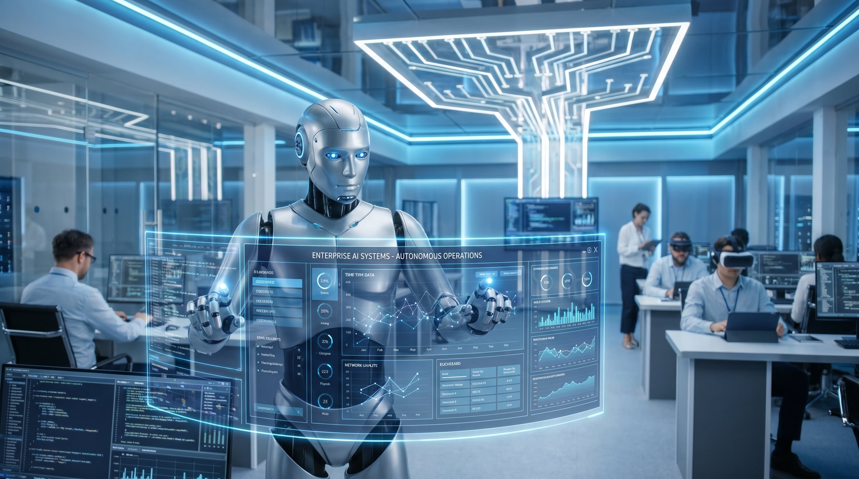 Un robot humanoide avanzado interactúa con una interfaz holográfica para sistemas empresariales autónomos en una oficina moderna y tecnológicamente iluminada, mientras empleados trabajan. (Imagen Ilustrativa Infobae)