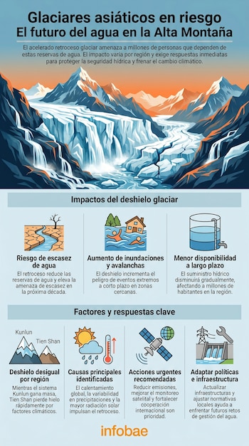 Infografía sobre glaciares asiáticos, mostrando montañas, hielo derretido y diagramas de impactos como escasez de agua e inundaciones, causas y soluciones.
