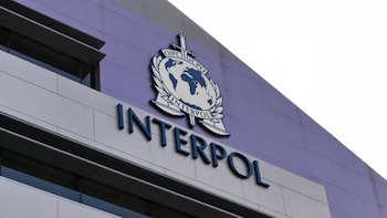 Logotipo y nombre de Interpol en la fachada de un edificio. El logo muestra un globo terráqueo, una espada y ramas de olivo