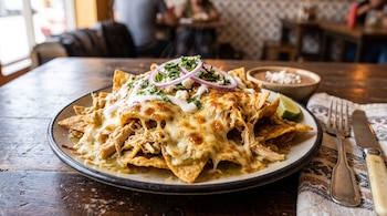 Chilaquiles con totopos, pollo, salsa verde, queso fundido, crema, cebolla y cilantro en un plato sobre una mesa con cubiertos y frijoles.