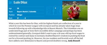 Publicación del diario The Guardian sobre la temporada de Luis Díaz - crédito The Guardian