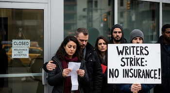 Un grupo de manifestantes frente a una puerta de cristal con carteles de "CLOSED" y "INSURANCE NOT ACCEPTED", mientras uno sostiene "WRITERS STRIKE: NO INSURANCE!".