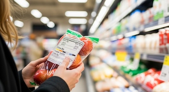 Primer plano de una persona sosteniendo una bolsa de manzanas con una etiqueta de fecha de caducidad y calidad en un pasillo borroso de supermercado.
