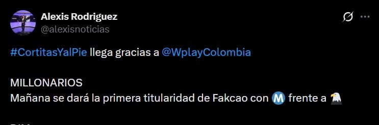 Falcao sería titular con Millonarios ante Águilas Doradas, tomando el puesto de Leonardo Castro - crédito @alexisnoticias/X