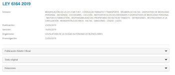 Ficha digital de la Ley 6164 de 2019 con datos de aprobación, organismo emisor y síntesis sobre tránsito y monopatines