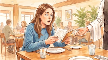 Ilustración de una mujer con suéter azul leyendo un folleto en la mesa de un restaurante frente al brazo de un camarero.