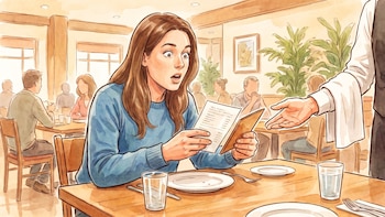 Una comensal observa un papel en la mesa de un restaurante ante la presencia de un camarero - VisualesIA ScribNews