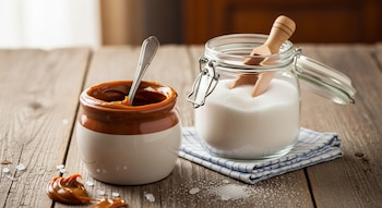 Un pote de dulce de leche con una cuchara de metal y un frasco de vidrio con azúcar blanca y una pala de madera sobre una mesa de madera rústica.