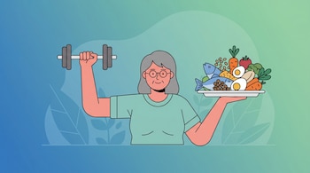Ilustración de una mujer con gafas y cabello gris, sosteniendo una mancuerna en la mano izquierda y un plato con pescado, huevos y verduras en la derecha.