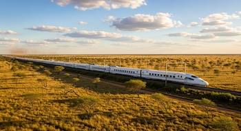 Tren bala blanco y azul de muchos vagones moviéndose sobre vías en una extensa planicie dorada con pequeños árboles verdes, bajo un cielo azul con nubes.