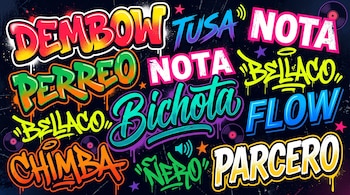 Ilustración gráfica con palabras en tipografía estilo grafiti como Dembow, Perreo, Bichota, Flow y Parcero sobre un fondo negro.