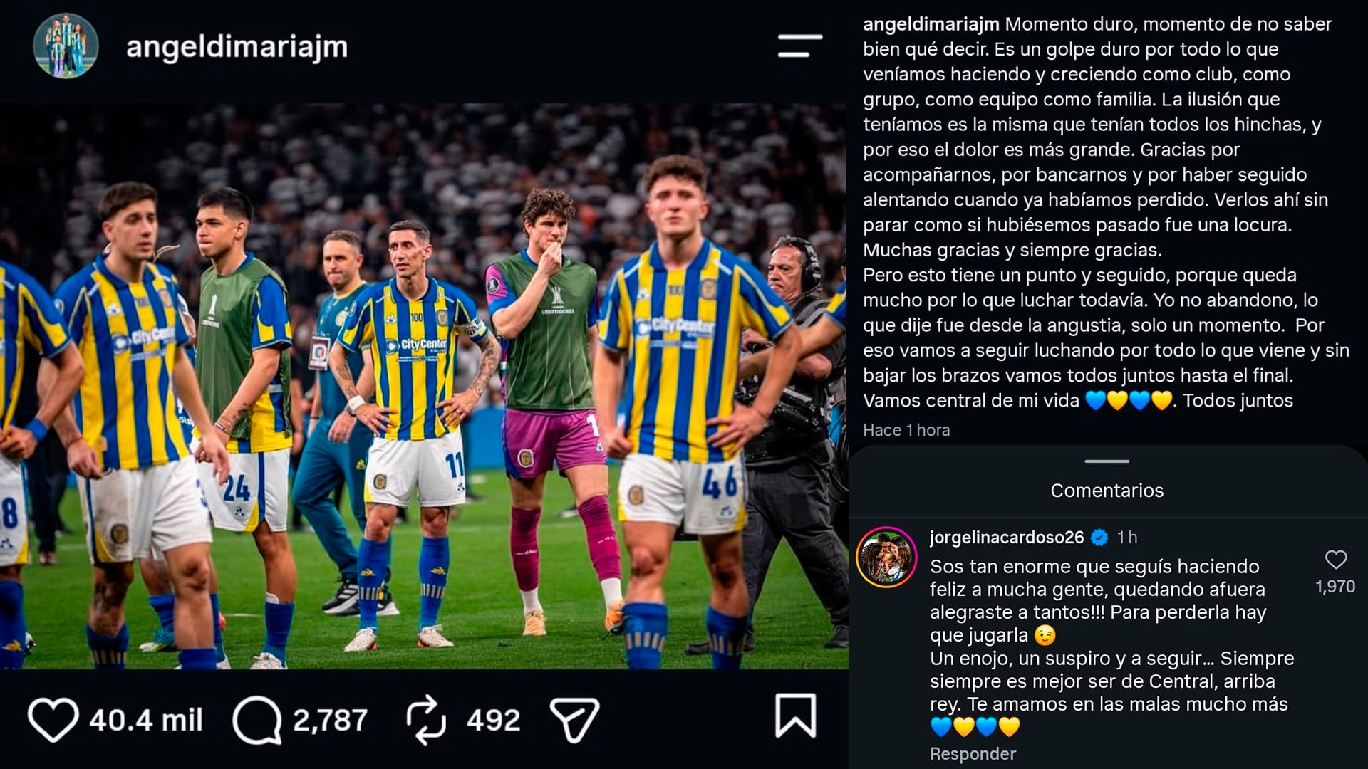 La publicación de Ángel Di María y el comentario de su esposa, Jorgelina Cardoso