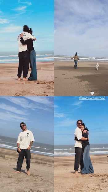 Composición de cuatro fotografías que presentan a Nico Vázquez y Dai Fernández en la playa junto a un perro