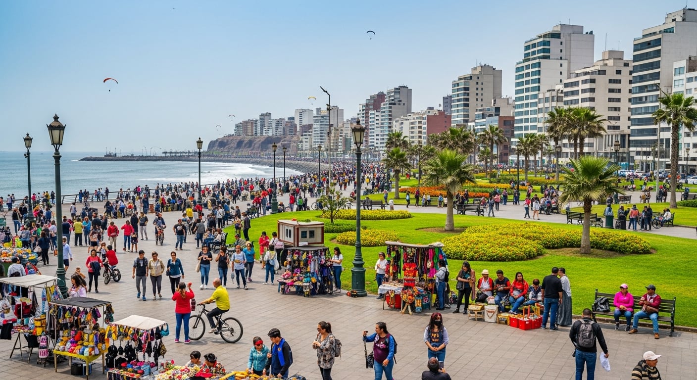 Numerosos turistas y residentes disfrutan del vibrante malecón de Miraflores en Lima, Perú, con vistas al océano Pacífico y edificios modernos. (Imagen Ilustrativa Infobae)