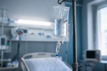 Bolsa transparente con líquido sujeta a un soporte metálico junto a una cama de hospital desenfocada.