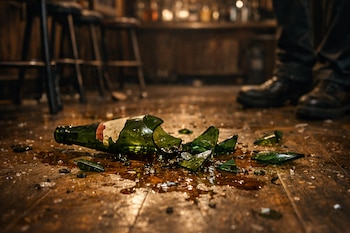 Una botella de vidrio verde rota en el piso de madera de un bar, con líquido derramado, pedazos de cristal y los pies de una persona en el fondo.