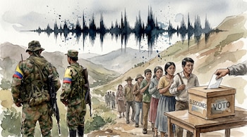Ilustración de acuarela con soldados de espaldas, una fila de personas ansiosas, una mano votando y una onda sonora oscura en el cielo.
