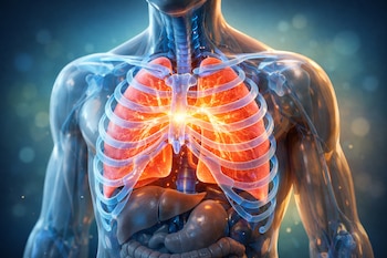 Ilustración 3D de un torso humano transparente con huesos, músculos, caja torácica, pulmones iluminados, hígado, estómago e intestinos.
