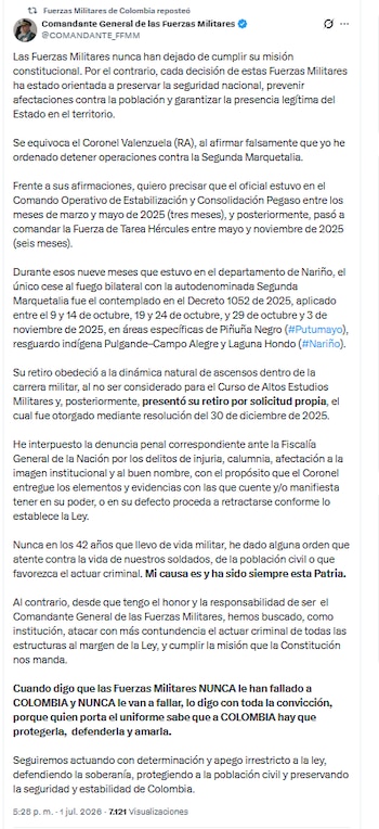 El comandante general de las Fuerzas Militares, general Hugo Alejandro López Barreto, negó haber ordenado el cese de operaciones contra la Segunda Marquetalia - crédito @COMANDANTE_FFMM/X