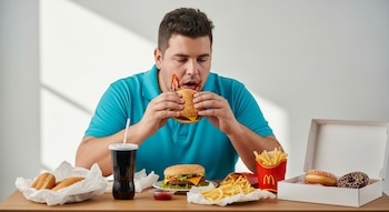 Hombre con sobrepeso comiendo una hamburguesa, con salsa en la cara, rodeado de patatas fritas, refresco, donuts y otra hamburguesa en una mesa.