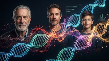 Retrato conceptual de abuelo, padre e hijo. Cadenas de ADN translúcidas y partículas epigenéticas luminosas los unen sobre un fondo oscuro.