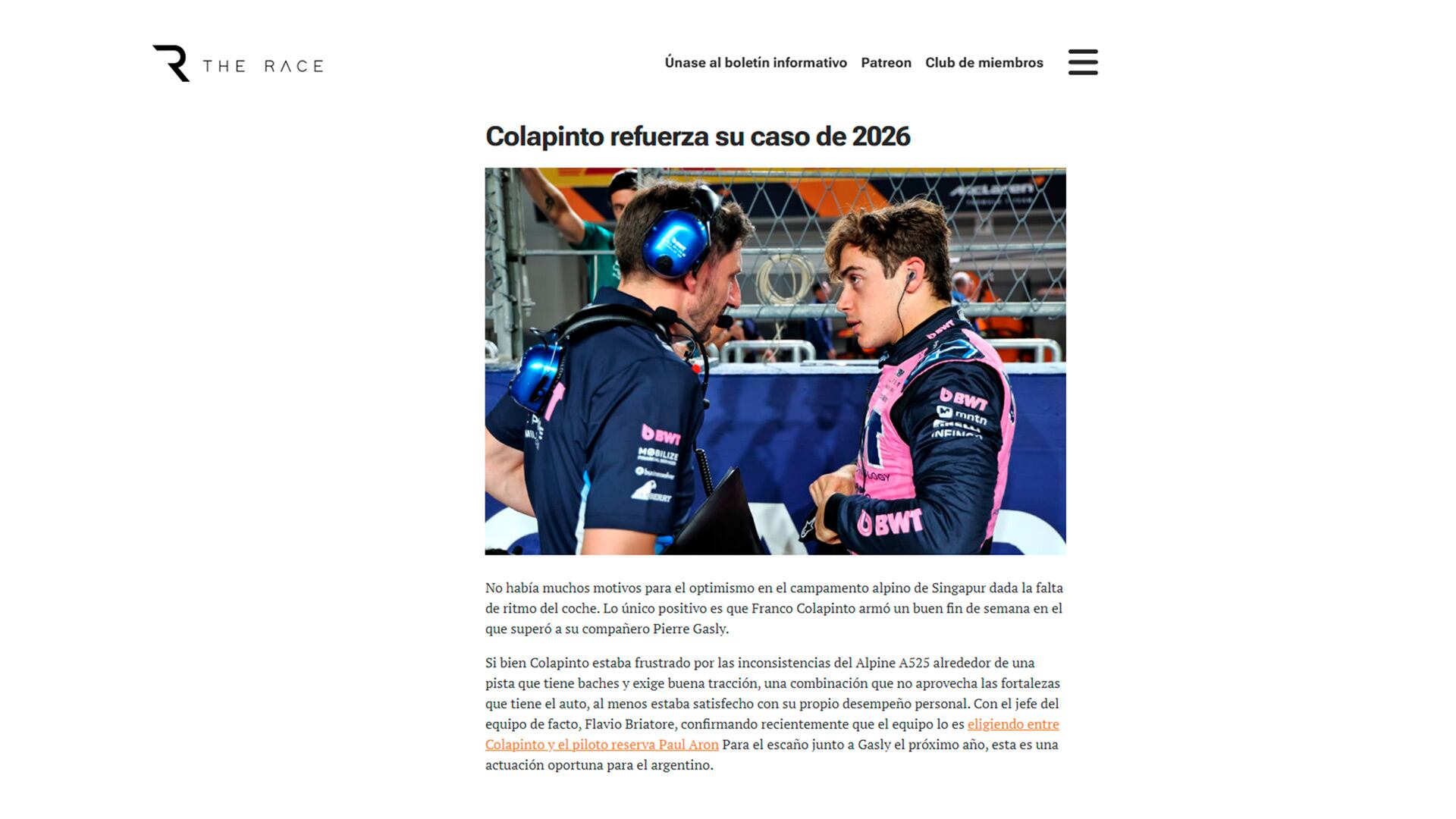 Los elogios de The Race para Colapinto (TheRace)