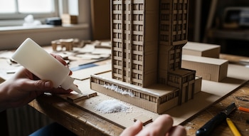 Primer plano de manos ensamblando una maqueta de edificio de cartón. Se aplica pegamento blanco y sal sobre la base de la estructura en una mesa de madera.