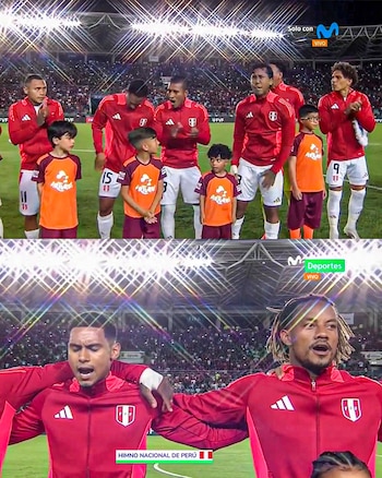 Jugadores de la selección peruana entonando el himno nacional en Perú vs Venezuela en Maturín. (Crédito: Captura Movistar Deportes)