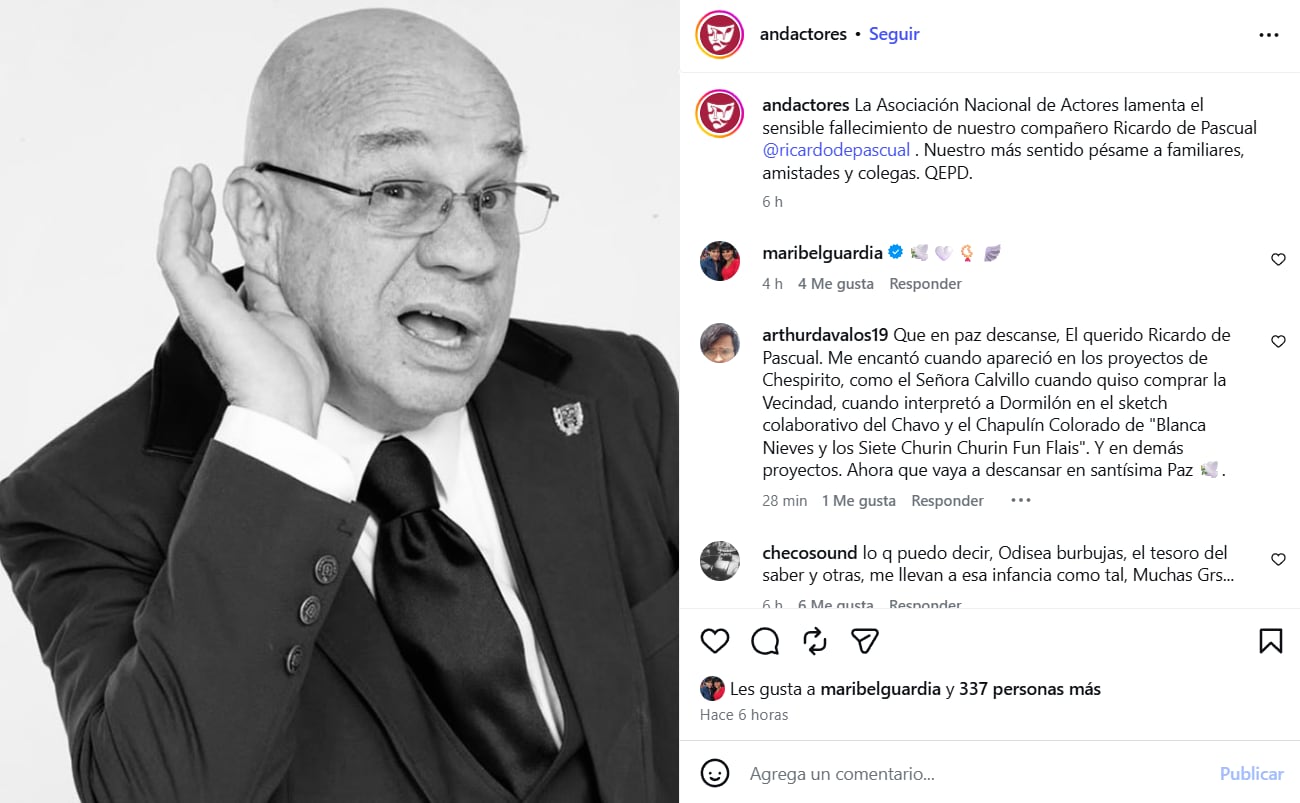 La Asociación Nacional de Actores (ANDA) anunció el lamentable fallecimiento de Ricardo de Pascual, actor mexicano conocido por su extensa trayectoria en televisión y cine. (ANDA: Instagram)