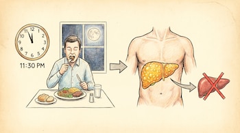 Ilustración de un hombre cenando a las 11:30 PM, seguida por una representación de un hígado graso en un torso humano y un hígado sano tachado.