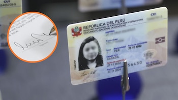 Primer plano de un Documento Nacional de Identidad (DNI) peruano con datos borrosos y un recuadro mostrando una pluma estilográfica firmando un documento