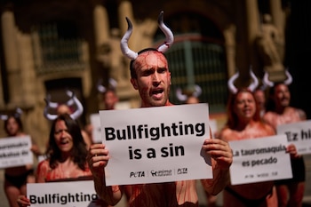 Activistas por los derechos de los animales participan en una protesta contra las corridas de toros antes del primer encierro durante las fiestas de San Fermín en Pamplona, norte de España, el domingo 5 de julio de 2026. (Foto AP/Miguel Oses)