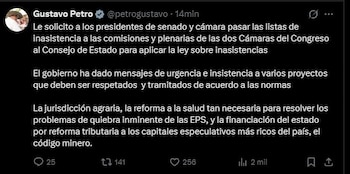 Mensaje de Gustavo Petro solicita control a ausencias en el Congreso y presiona trámite de reformas prioritarias - crédito Gustavo Petro/X