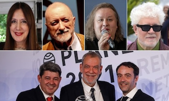 24/08/2026 Los autores Dolores Redondo, Arturo Pérez-Reverte, Alana S. Portero, Jorge Díaz, Agustín Martínez y Antonio Mercero --reunidos bajo el pseudónimo de Carmen Mola-- y el cineasta Pedro Almodóvar
SOCIEDAD