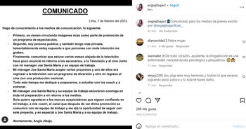 Comunicado de Angie Jibaja. (Instagram)