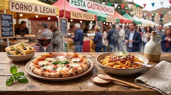 Una pizza, un plato de pasta, focaccia y una copa de vino sobre una mesa de madera, con puestos de feria y personas de fondo.