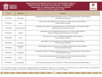 La Secretaría de Movilidad del Estado de México dio a conocer las ubicaciones de las unidades móviles que estarán disponibles esta semana para que los ciudadanos mexiquenses puedan tramitar su licencia de conducir (Gobierno del Edomex)
