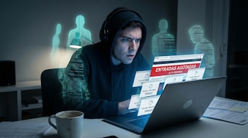 Hombre con capucha y audífonos frente a laptop. La pantalla muestra "Entradas Agotadas" y errores "Tráfico Masivo". Siluetas digitales de bots.