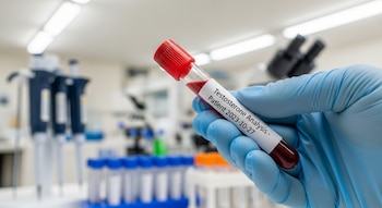 Una mano con guante azul sujeta un tubo de ensayo con sangre, tapa roja y una etiqueta que indica "Testosterone Analysis - Patient 2023-10-27". Fondo de laboratorio.