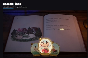 Un libro abierto con ilustraciones y texto, tres círculos dorados con personajes de ciervo, el título Beacon Pines y opciones de menú