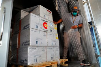 Estas 105.300 dosis fueron recibidas por el ministro coordinador general de Gobierno, Carlos Madero, y la titular de la Secretaría de Salud, Alba Consuelo Flores, en un acto en las instalaciones del Programa Ampliado de Inmunizaciones (PAI). Foto de archivo. EFE/ Gustavo Amador