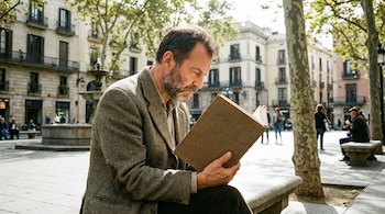 Hombre con barba lee un libro de tapa dura en un banco de piedra en una plaza. Viste chaqueta tweed con coderas. Fondo con edificios, árboles y gente.