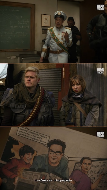 Imagen dividida en tres: hombre en uniforme militar, pareja en ropa post-apocalíptica y viñeta de cómic con personajes de The Big Bang Theory