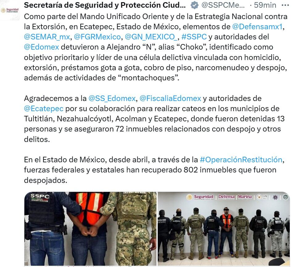Comunicado de la SSPC en redes sociales (@/SSPCMexico)