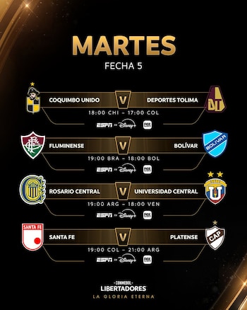 Gráfico negro con detalles dorados mostrando la programación de la Copa Libertadores, Fecha 5, para el martes, con equipos, horarios y logos de ESPN, Disney+ y FOX