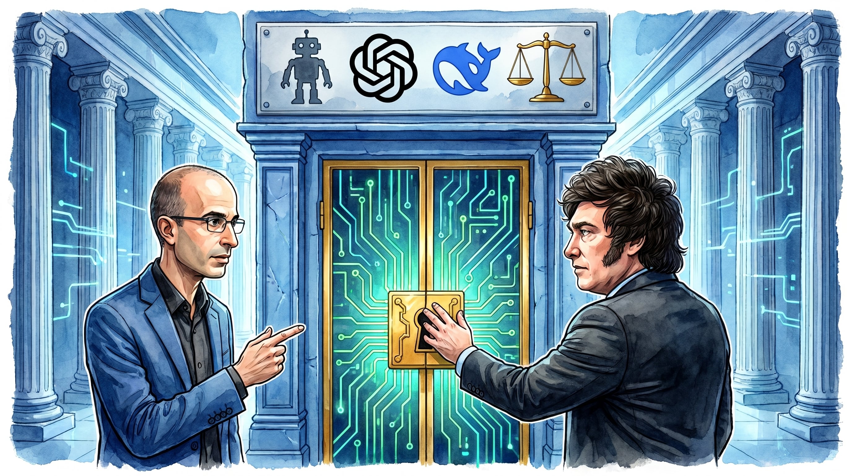 Una caricatura editorial muestra a Yuval Noah Harari y Javier Milei frente a una puerta de circuito digital con símbolos de IA, representando el debate sobre el futuro de la inteligencia artificial. (Imagen Ilustrativa Infobae)