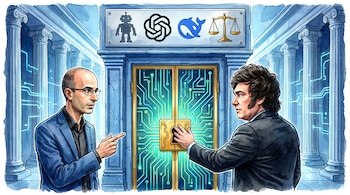 Ilustración de Yuval Noah Harari señalando y Javier Milei tocando una puerta digital. Arriba, símbolos de robot, OpenAI, DeepSeek y una balanza.