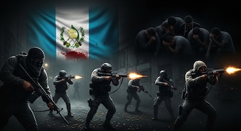 Hombres armados con fusiles en un enfrentamiento con destellos de disparos y casquillos en el suelo. Bandera de Guatemala con manchas rojas y grupo de hombres afligidos.