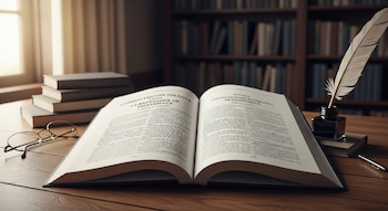 Libro abierto con el título 'Constitución Política de la República de Guatemala' en una mesa de madera. Gafas, pluma, tintero y libros apilados con estantería y ventana al fondo.