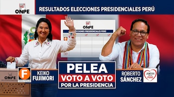 Foto compuesta mostrando a Keiko Fujimori y Roberto Sánchez, sonriendo, con la bandera peruana de fondo y gráficos de la ONPE sobre resultados electorales.